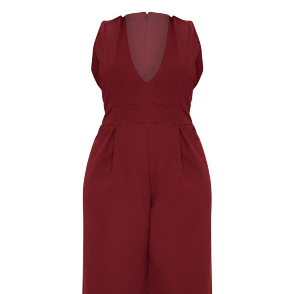 Plus Burgundy Plunge Wide Leg Jumpsuit
